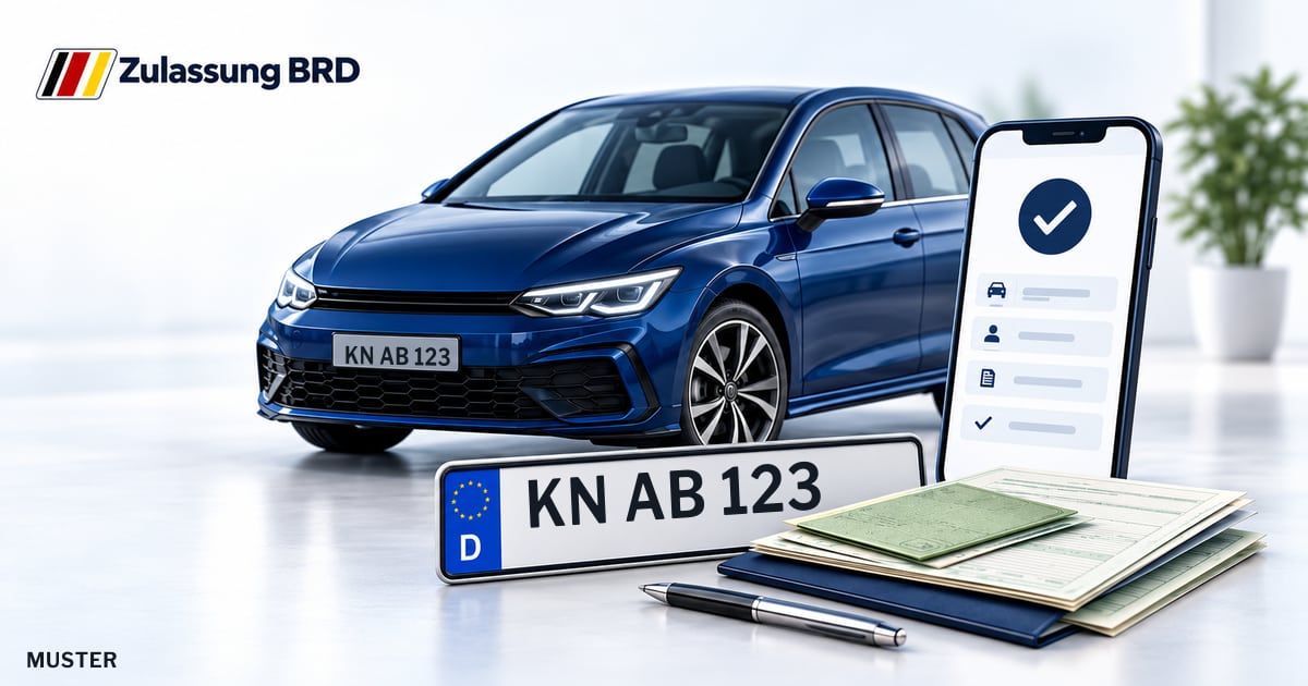 Online Fahrzeugzulassung in Radolfzell am Bodensee: Musterkennzeichen KN AB 123, Auto und Fahrzeugpapiere und Smartphone. Illustration mit Logo von Zulassung BRD.